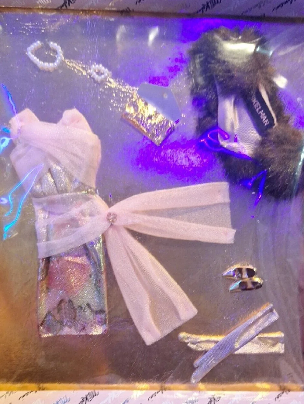 MiKelman Paul David Vintage Barbie Fashion Pack Metallic Evening Dress Fur Shawl